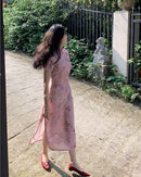 Elegant Pink Cherry Blossom Cheongsam Dress with Delicate Button Detailing
