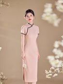 Pink Lace-Trim Qipao Midi Dress | Mandarin Collar Slim Cheongsam with Side Slit