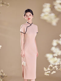 Pink Lace-Trim Qipao Midi Dress | Mandarin Collar Slim Cheongsam with Side Slit