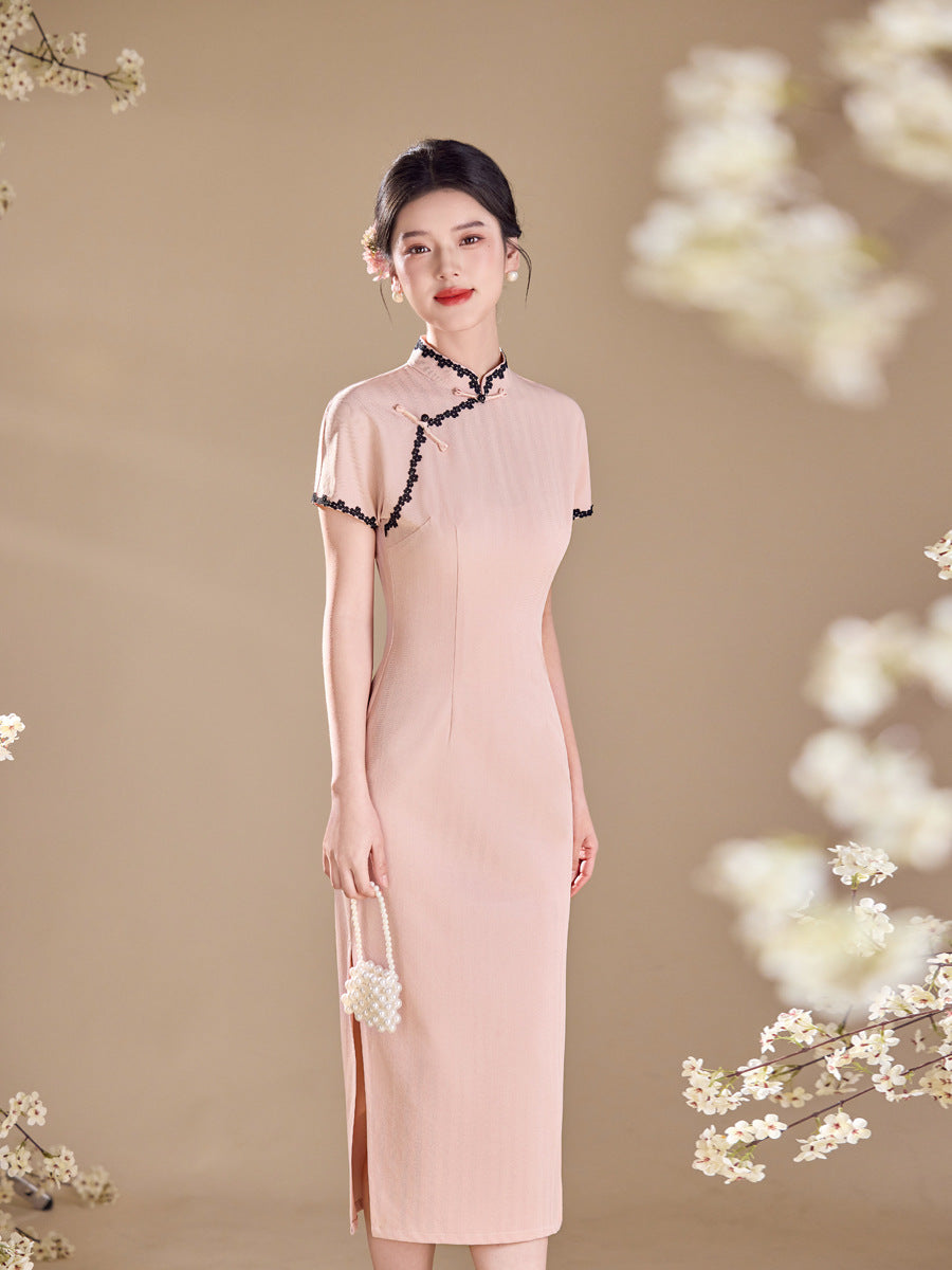Pink Lace-Trim Qipao Midi Dress | Mandarin Collar Slim Cheongsam with Side Slit