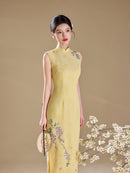 Yellow Jacquard Sleeveless Qipao Maxi Dress | Mandarin Collar Slim Slit Cheongsam