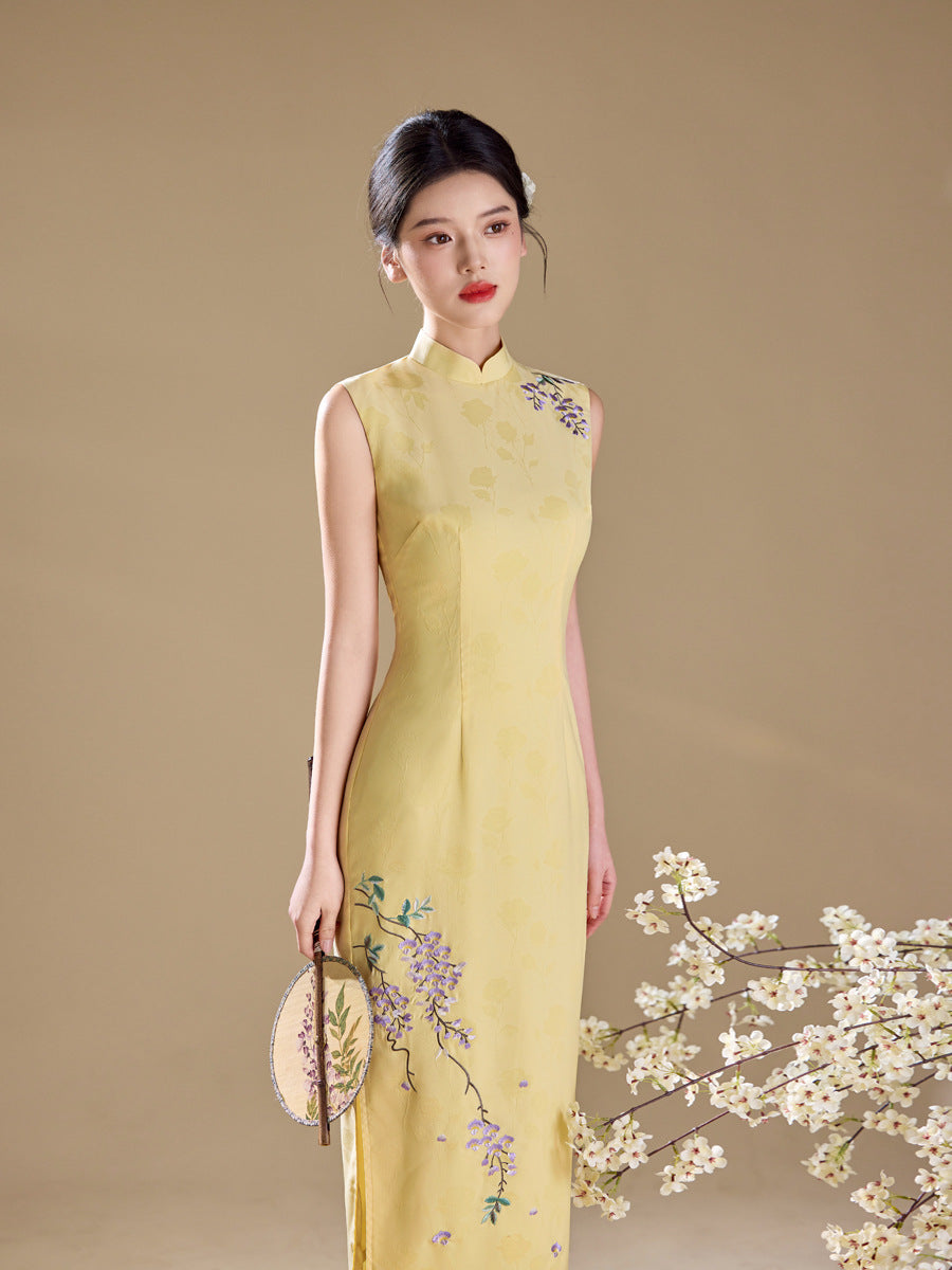 Yellow Jacquard Sleeveless Qipao Maxi Dress | Mandarin Collar Slim Slit Cheongsam