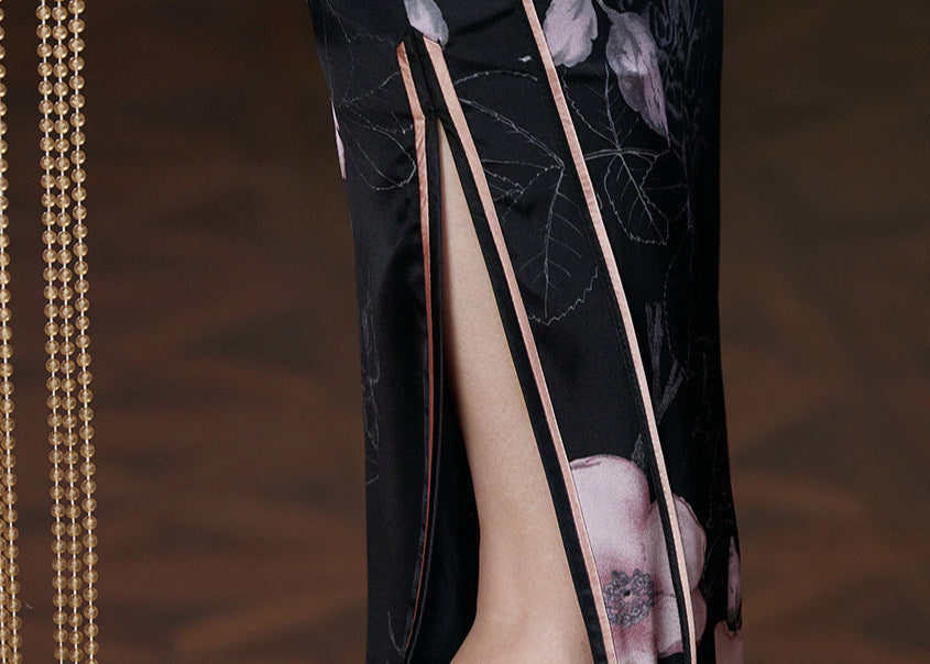 Black Silk Floral Qipao Dress | Slim-Fit Long Mandarin