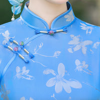 Sky Blue Floral Long Qipao Dress for Women | Mandarin Collar Frog Buttons Slim Fit Side Slit