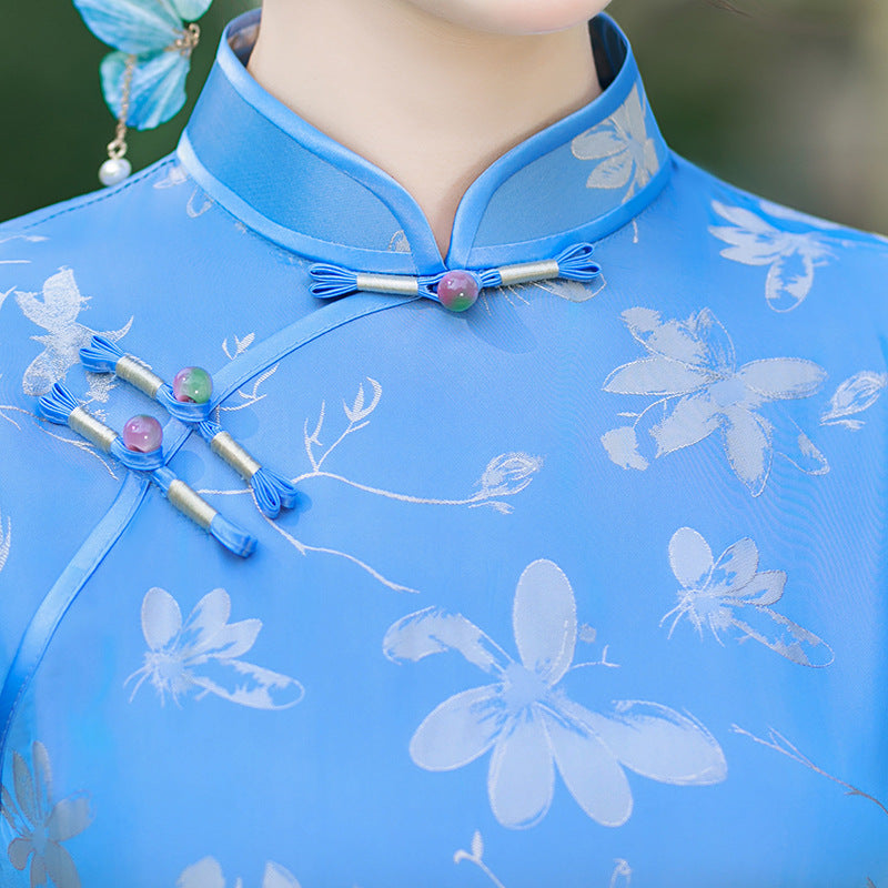 Sky Blue Floral Long Qipao Dress for Women | Mandarin Collar Frog Buttons Slim Fit Side Slit