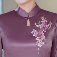 Aubergine Acetate Stretch Satin Embroidered Modern Qipao Midi | Mandarin Collar Keyhole