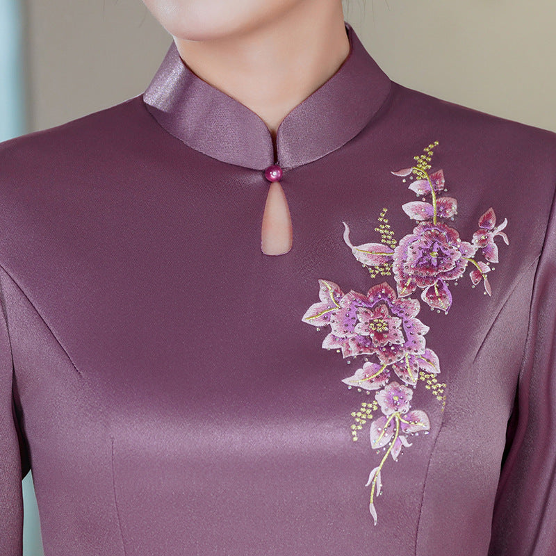 Aubergine Acetate Stretch Satin Embroidered Modern Qipao Midi | Mandarin Collar Keyhole