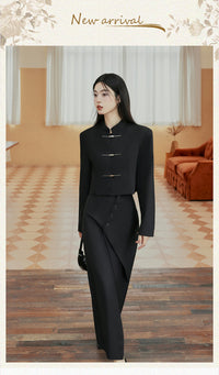 Black Modern Tang Suit Set | Mandarin-Collar Jacket & Slit Maxi Skirt for Early Spring