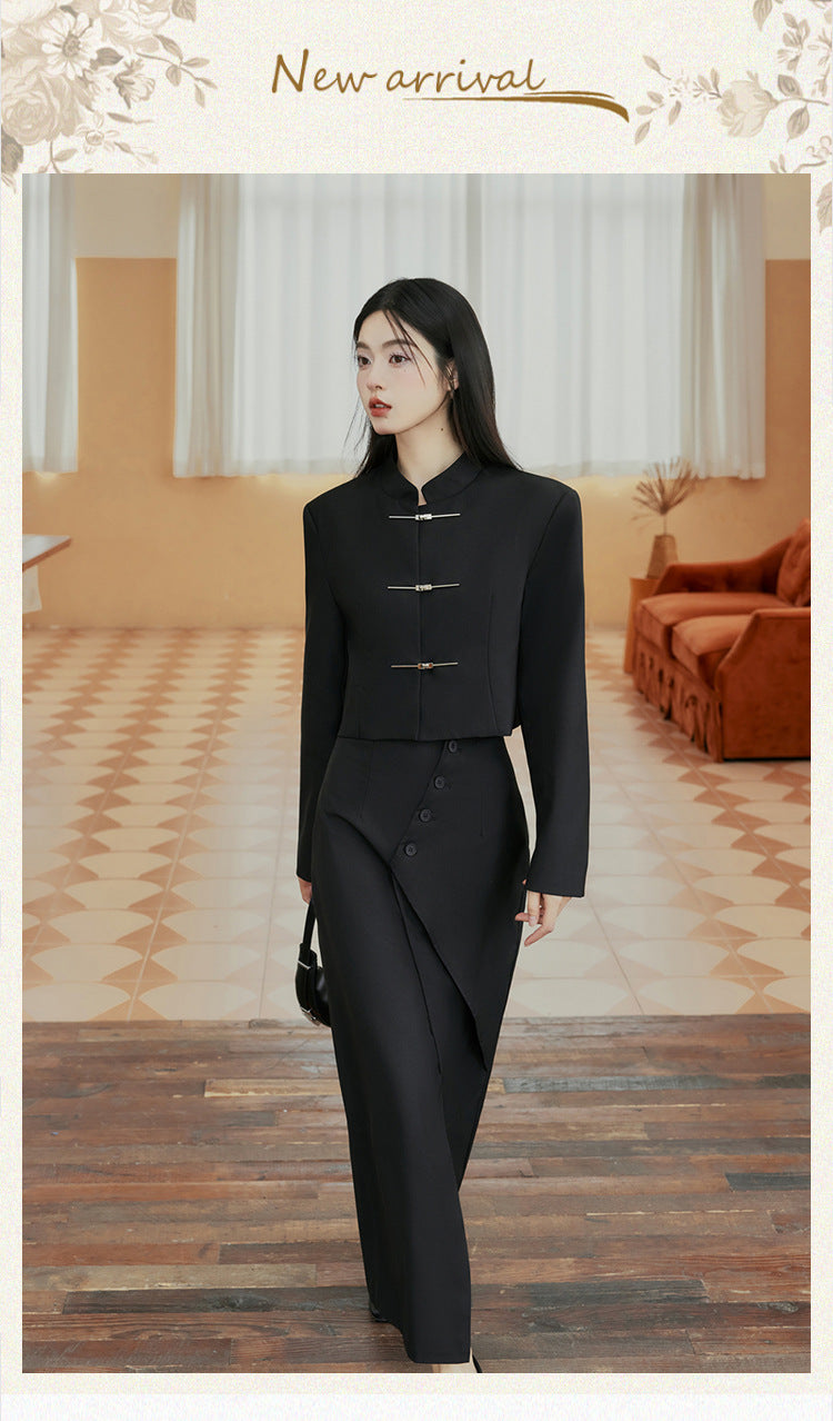 Black Modern Tang Suit Set | Mandarin-Collar Jacket & Slit Maxi Skirt for Early Spring