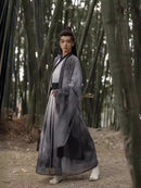 Traditional Chinese Hanfu Men’s Black and Gray Silk Robe with Embroidered Designs and Sword Belt