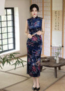 Blue Printed Sleeveless Qipao | Mandarin-Collar Slim Maxi with Side Slit for Banquets & Weddings