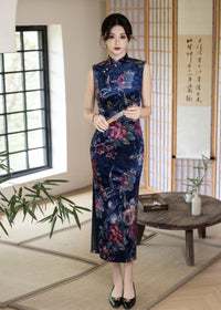 Blue Printed Sleeveless Qipao | Mandarin-Collar Slim Maxi with Side Slit for Banquets & Weddings