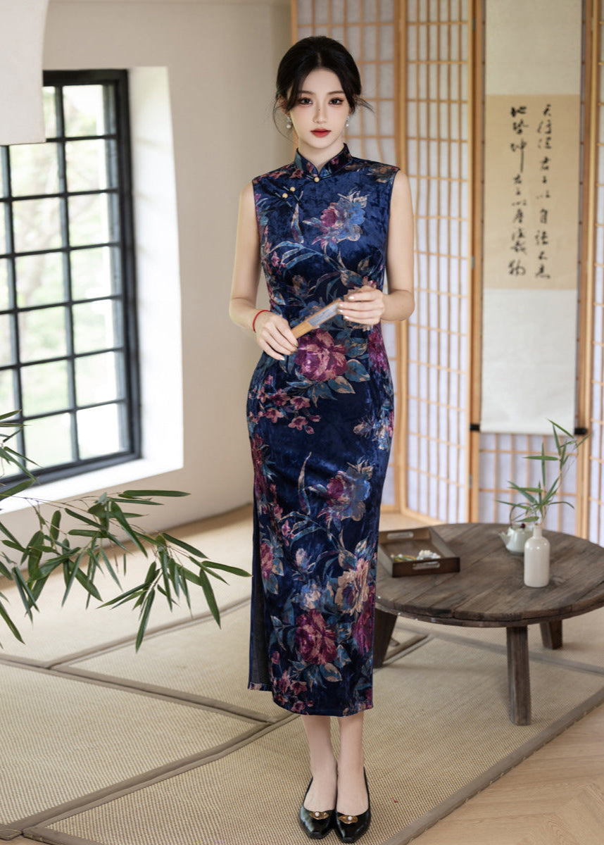 Blue Printed Sleeveless Qipao | Mandarin-Collar Slim Maxi with Side Slit for Banquets & Weddings