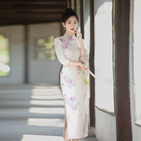 Pink Floral Three-Quarter Sleeve Qipao Dress | Refined Formal Look