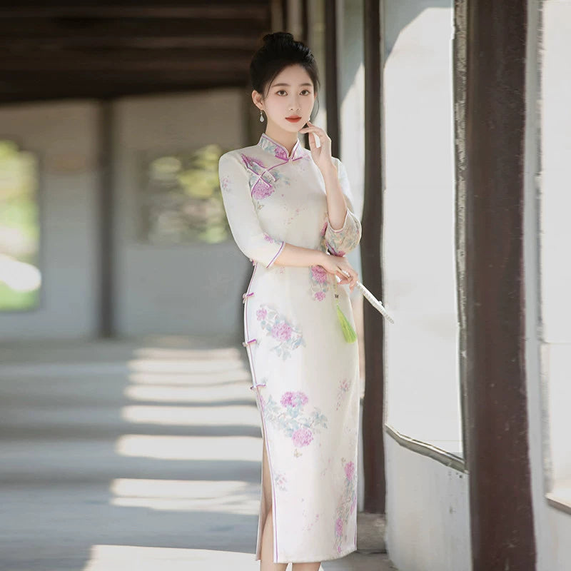 Pink Floral Three-Quarter Sleeve Qipao Dress | Refined Formal Look