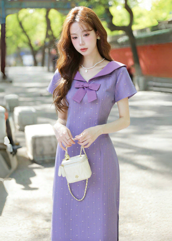 Purple Sailor Bow Midi Qipao Dress | Slim Side-Slit, Retro Sweet