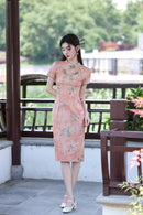 Peach Floral Short Qipao Dress for Women | Green Piping Frog Buttons Mandarin Collar Slim Fit