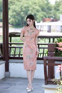 Peach Floral Short Qipao Dress for Women | Green Piping Frog Buttons Mandarin Collar Slim Fit