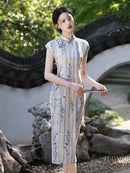 Spring Elegant Purple-Stripe Qipao | Slim Mandarin Collar Cap Sleeves