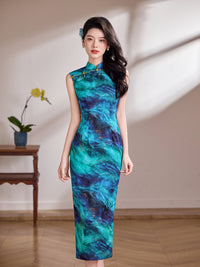 Peacock Blue Ink-Wash Sleeveless Qipao Maxi Dress | Mandarin Collar Slit Cheongsam