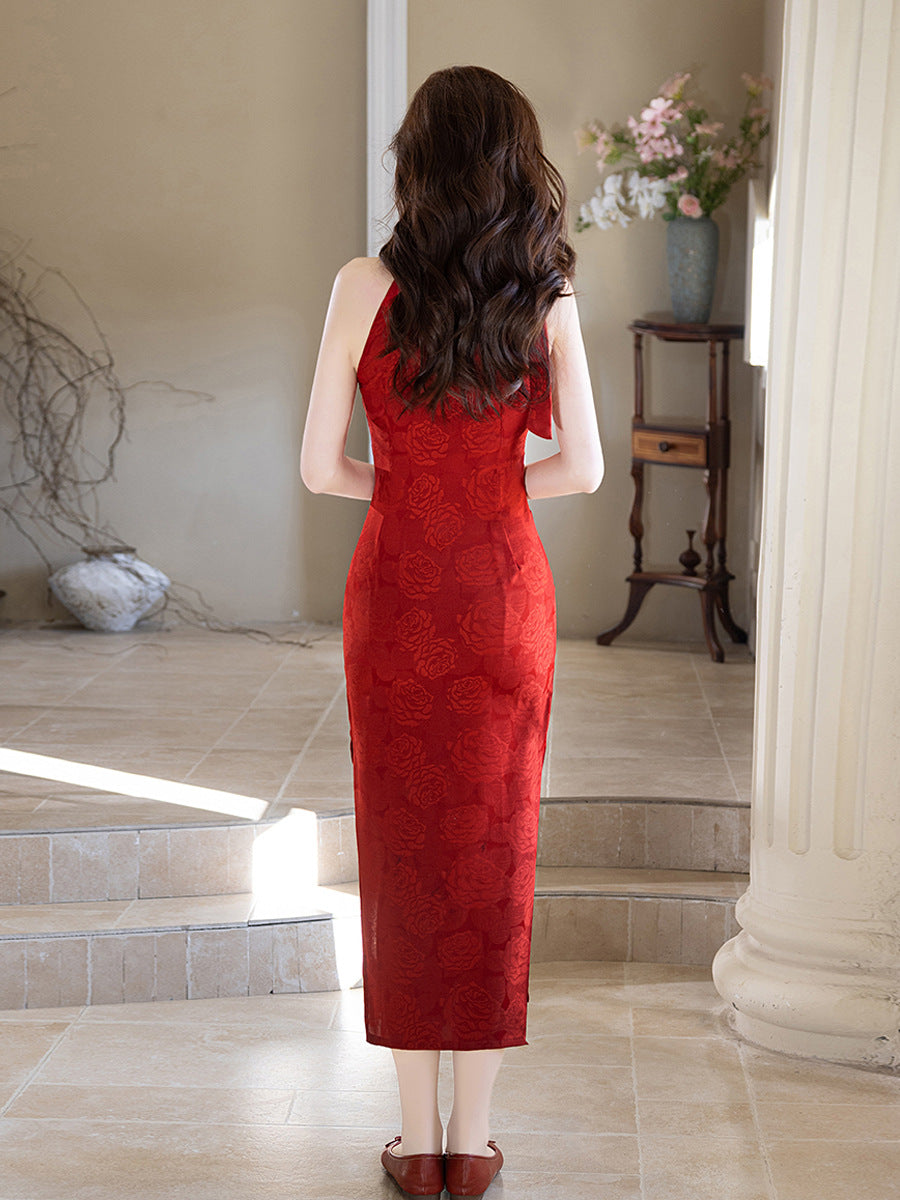Elegant Red Halter Neck Qipao Dress | New Chinese Slim Jacquard Evening Gown with Tie Scarf