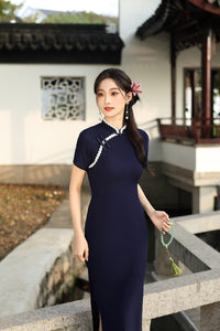 Navy Minimalist Short Sleeve Qipao Dress | Mandarin Collar Slim Maxi Cheongsam