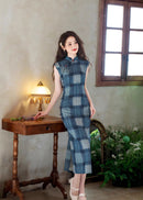 Blue Sleeveless Plaid Qipao Maxi | Vintage Minimal Slim