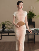 Traditional Half-Mandarin Jacquard Qipao | Vintage Style Pink Dress with Side Slit | Slim Fit Design