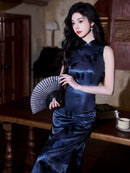 Navy Blue Butterfly Jacquard Satin Qipao Dress Modern Chinese Sleeveless Mandarin Collar Evening Gown