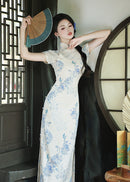 Ivory Blue Floral Qipao Dress | Mandarin Collar Slim Split Cheongsam Maxi