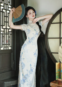 Ivory Blue Floral Qipao Dress | Mandarin Collar Slim Split Cheongsam Maxi