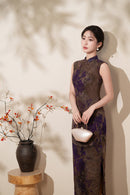 Floral Jacquard Sleeveless Qipao Dress | Vintage Mandarin Collar Maxi Cheongsam