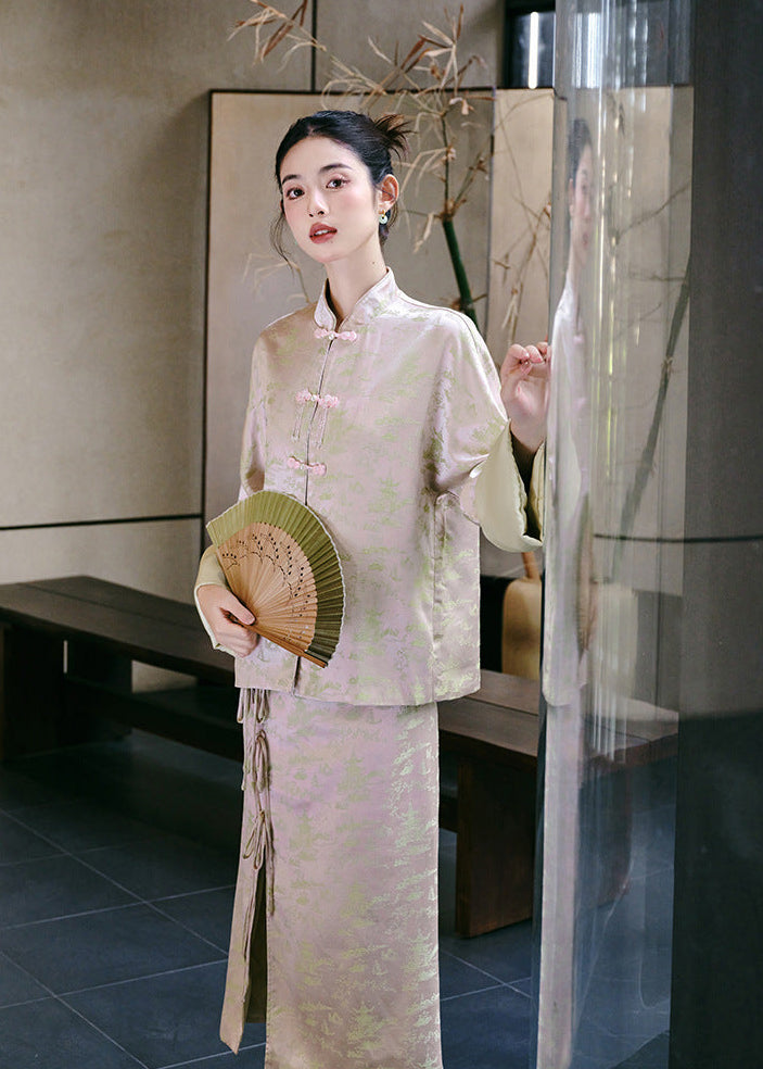 New-Chinese Zen Set | Mandarin Top & Slit Skirt Qipao Co-ord