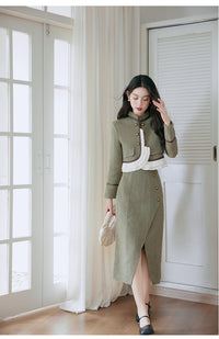 Green Tweed Suit with Ruffled Detail Skirt, Elegant Outfit for Women