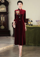 Embroidered Modern Qipao Maxi | Wine Red/Purple/Black | Mandarin Collar 3/4 Sleeves