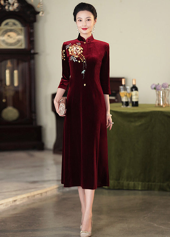 Embroidered Modern Qipao Maxi | Wine Red/Purple/Black | Mandarin Collar 3/4 Sleeves