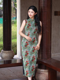 Green Rose Floral Print Sleeveless Mesh Qipao Dress|Slim Mandarin Midi Cheongsam