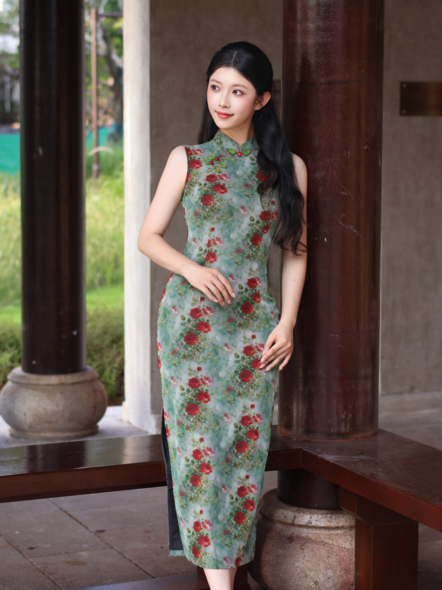 Green Rose Floral Print Sleeveless Mesh Qipao Dress|Slim Mandarin Midi Cheongsam