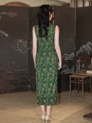 Green Checker Jacquard Sleeveless Qipao Dress | Mandarin Collar Slim Maxi Cheongsam