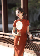 Vintage Brick-Red Slim Cheongsam | Mandarin Collar Diagonal Placket Frog Buttons
