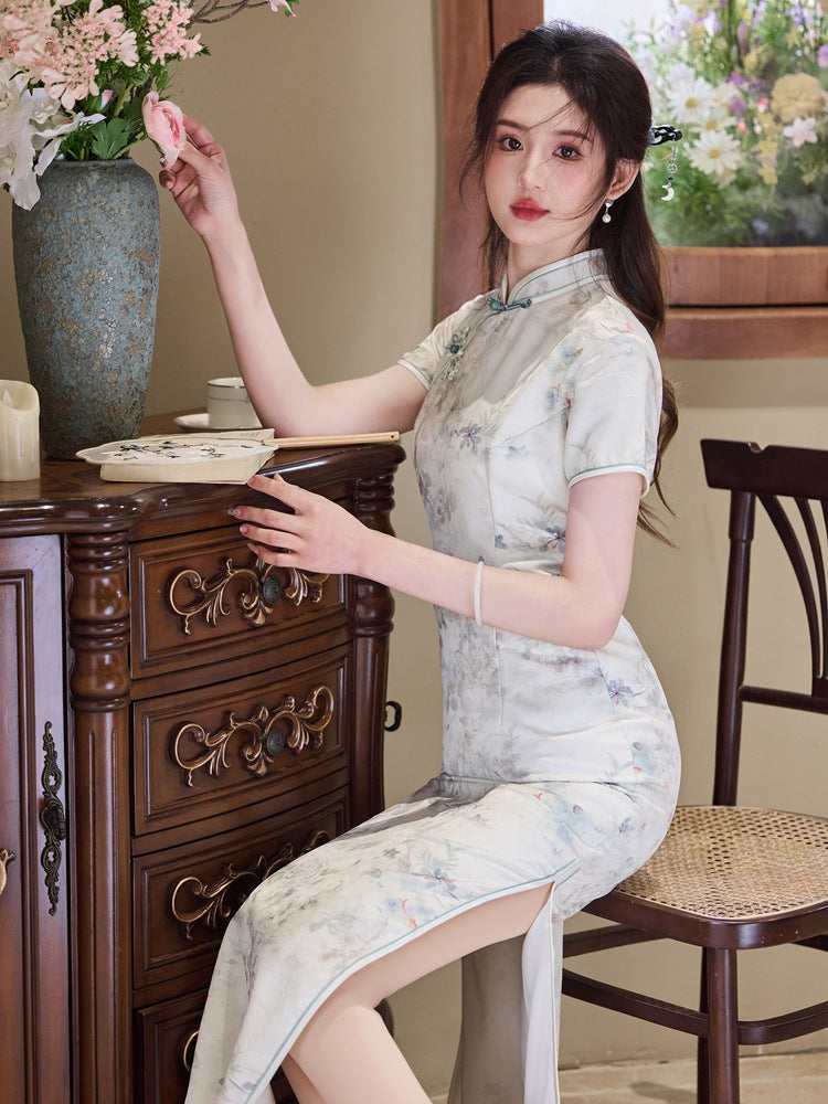 Ivory Jacquard Qipao | Mandarin Collar Slim Midi Dress