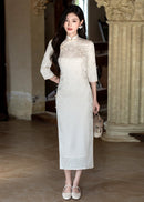 Ivory Jacquard Qipao Midi | Mandarin Collar 3/4 Sleeves, Slim Fit