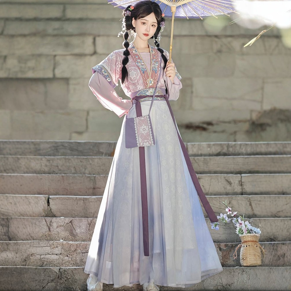Elegant Purple and White Hanfu Dress with Floral Embroidery