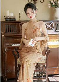 Champagne Apricot Bamboo Print Qipao Dress | Cape Sleeve Mandarin Collar Frog Button Slim Maxi