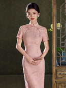 Champagne Pink Tonal Jacquard Short Sleeve Qipao Maxi Dress | Mandarin Collar Slit Cheongsam