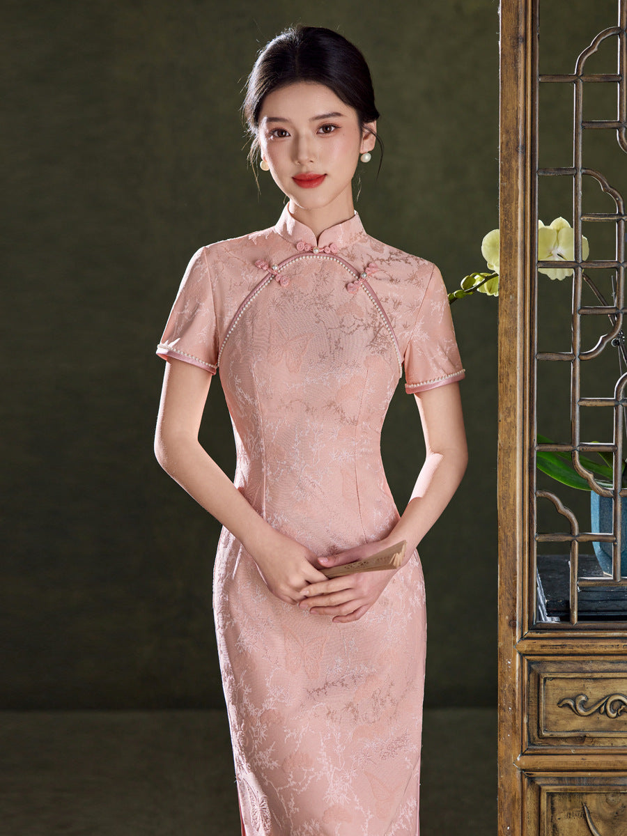 Champagne Pink Tonal Jacquard Short Sleeve Qipao Maxi Dress | Mandarin Collar Slit Cheongsam