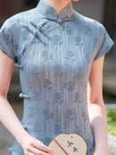 Blue Floral Qipao | Short-Sleeve Vintage Cheongsam Dress