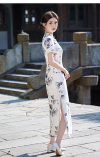 Ink-Wash Floral Qipao | Short-Sleeve Slim Mandarin-Collar Gown