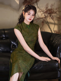 Green Jacquard Sleeveless Qipao Dress | Mandarin Collar Slim Maxi Cheongsam