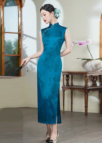 Peacock-Blue New-Chinese Qipao Dress | Sleeveless Mandarin Collar